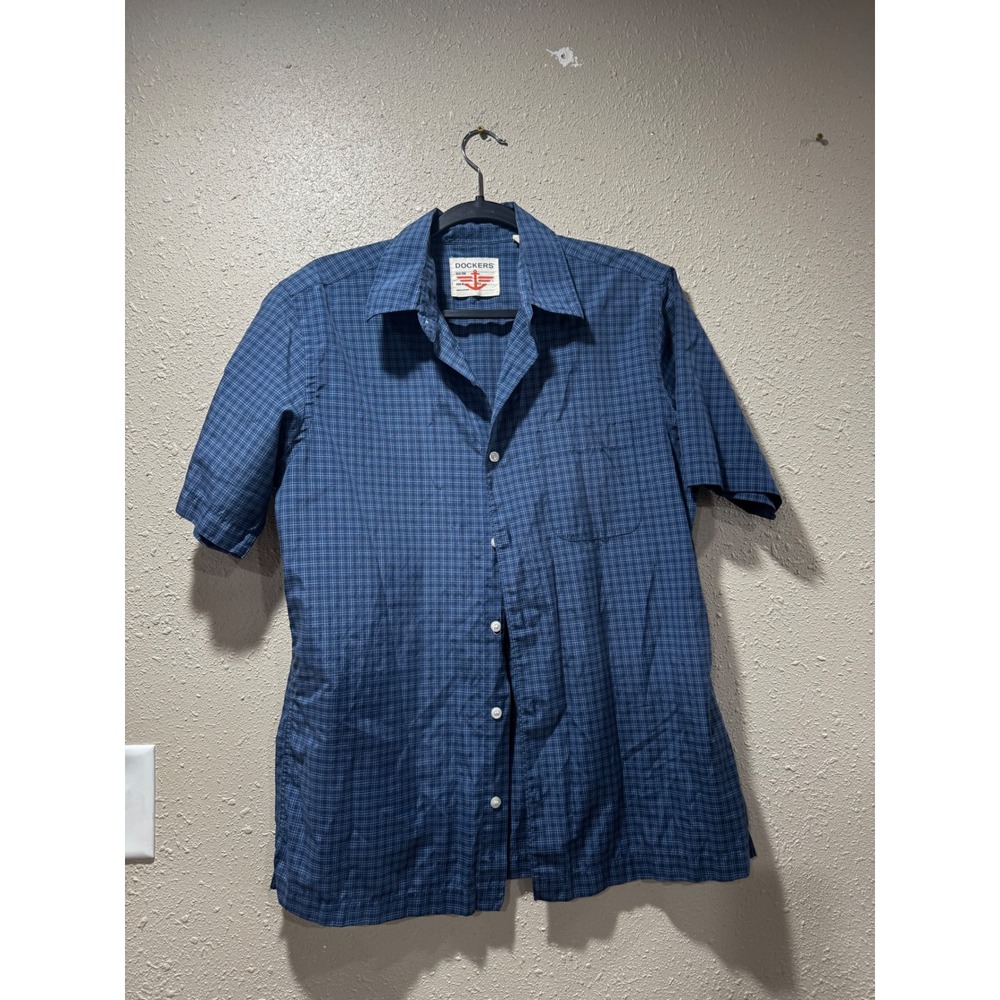 Dockers Mens Blue Grid Plaid Short Sleeve Button Up Shirt Khaki Diem Size Medium